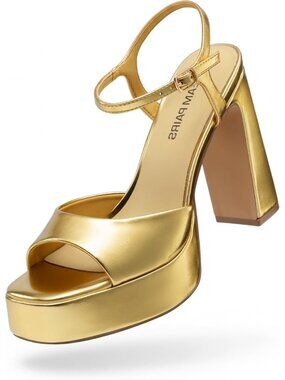 Women's Gold 4.49-inch High Square Toe Chunky High Heels Ankle Strap Heel
